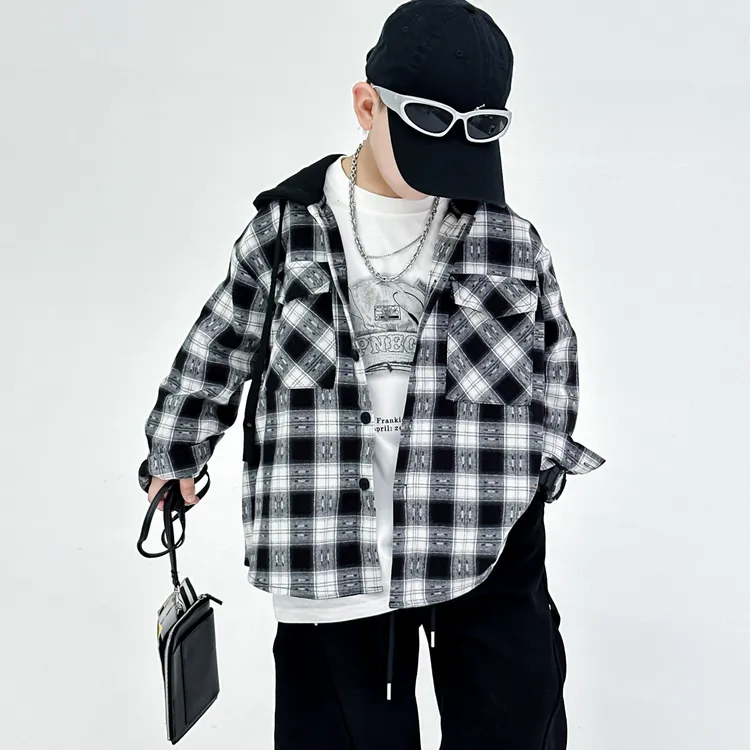 男童格子外套春秋款2025新款儿童长袖连帽衬衫中大童春季上衣炸街