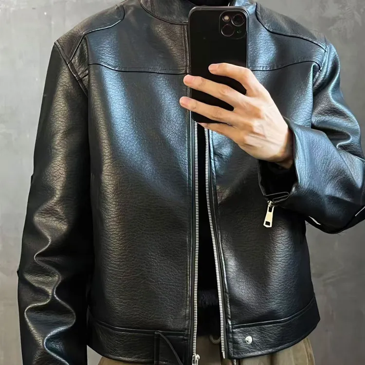重头来过美式短款机车皮衣男士秋冬季痞帅立领休闲硬汉外套夹克男