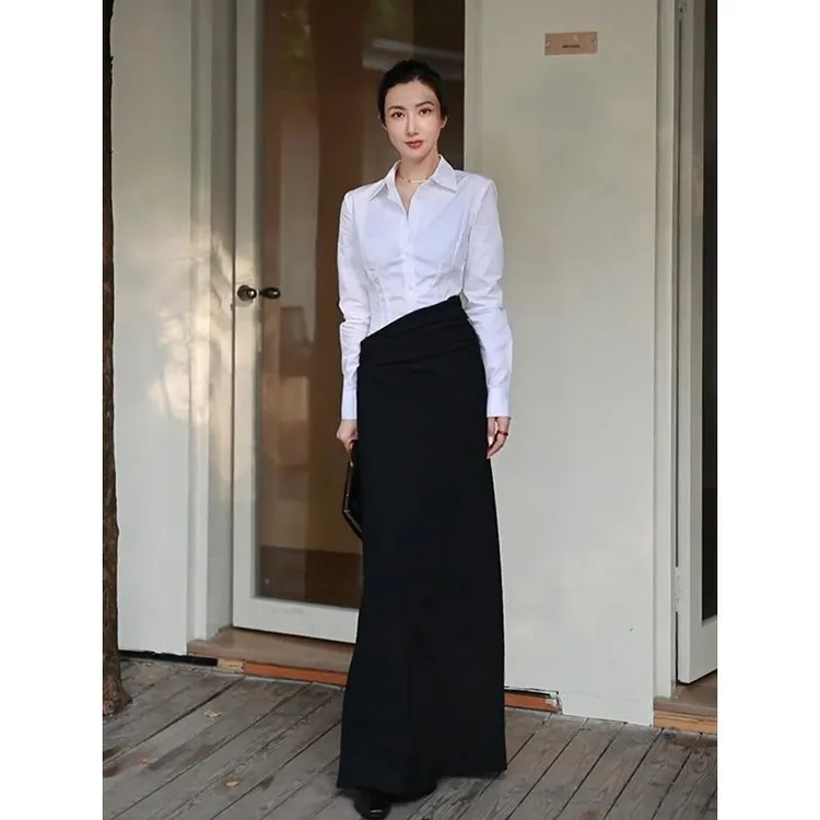 淡人高知穿搭韩系小香风通勤白色衬衫黑色半身裙职业套装女2025秋