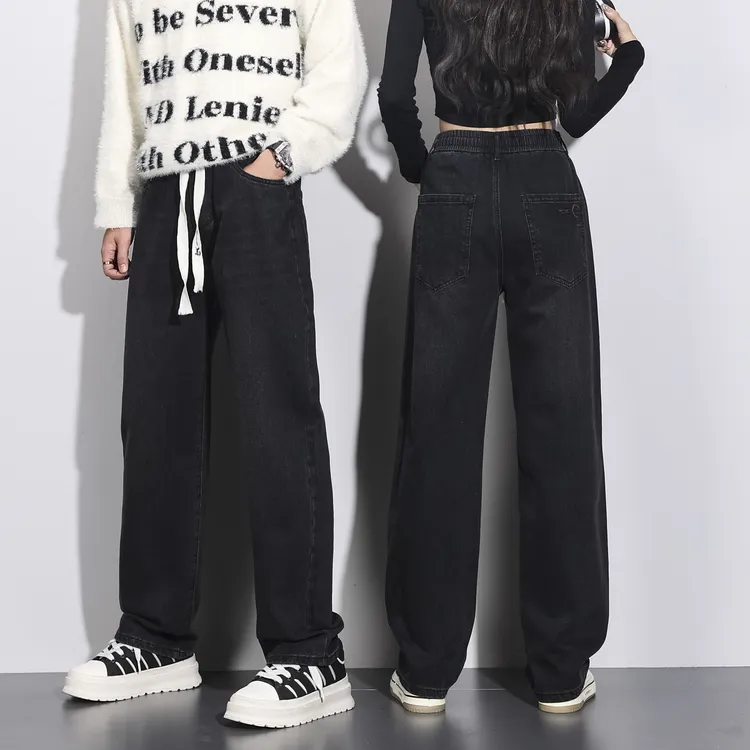 美式高街阔腿松紧腰牛仔裤男女极简情侣潮牌宽松显瘦秋冬直筒裤子