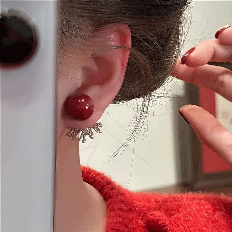 合金耳饰 马年爆款红色感红色花朵珍珠耳饰实心圣诞节高级感商品图