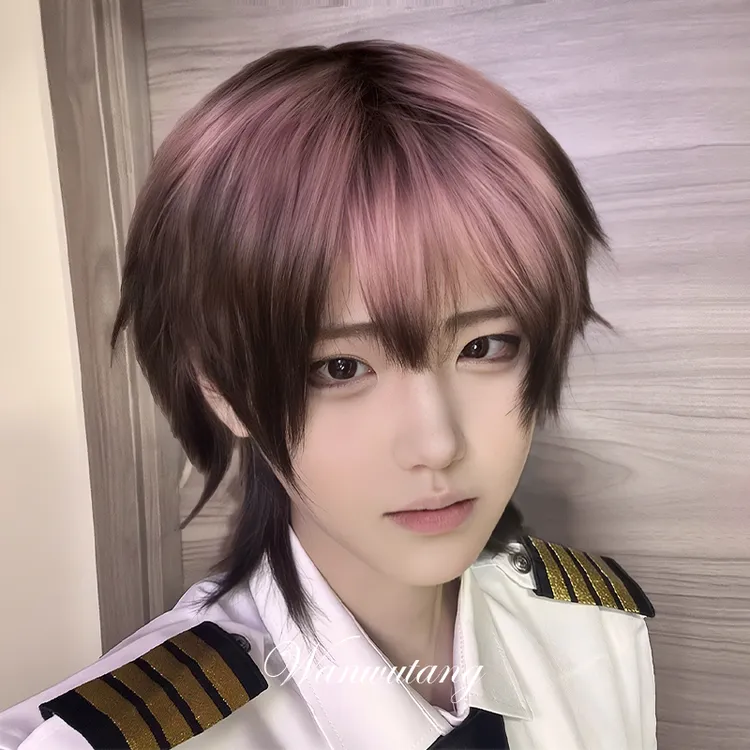 【念念桃】玩物堂假发男狼尾鲻鱼头男女通用短发粉色渐变假发全头套