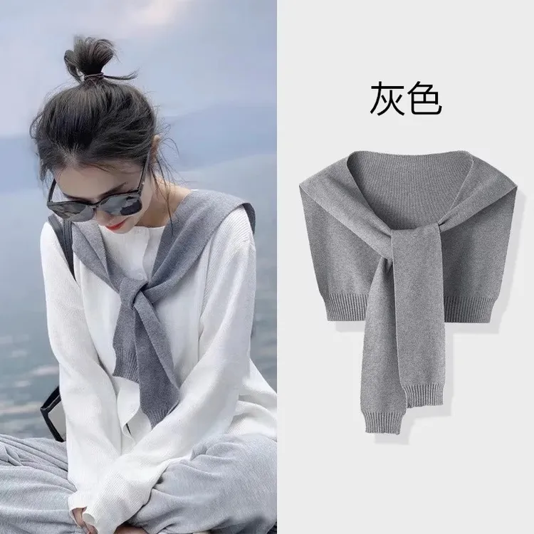 搭配衬衫的小披肩外搭网红爆款打结条纹灰色针织围巾春秋空调护颈