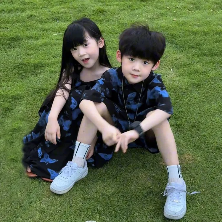 儿童夏季兄妹装套装2025新款姐弟夏装男孩衬衫女宝吊带沙滩连衣裙