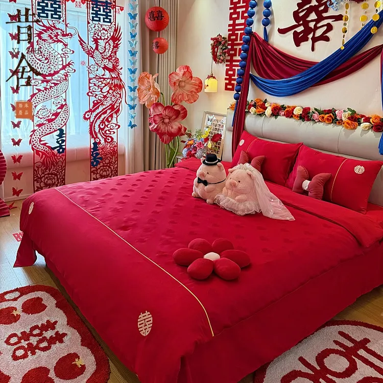 喜庆结婚男方卧室婚房布置四件套床品大红色婚庆爱心被套女方陪嫁