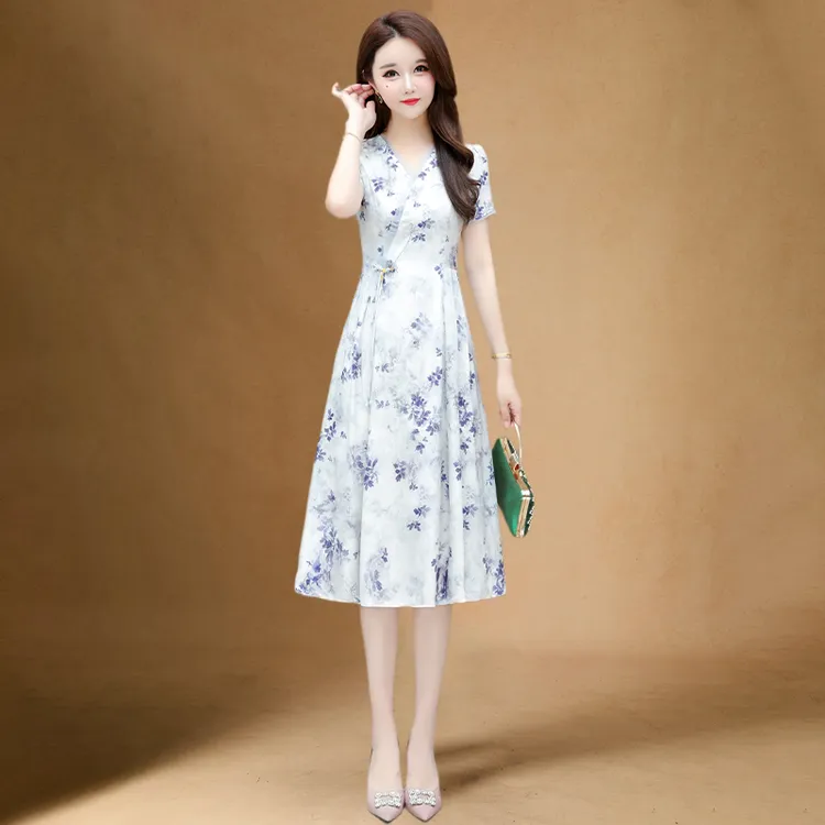 十三行改良旗袍连衣裙夏2025新款国风新中式修身显瘦遮肉妈妈裙子