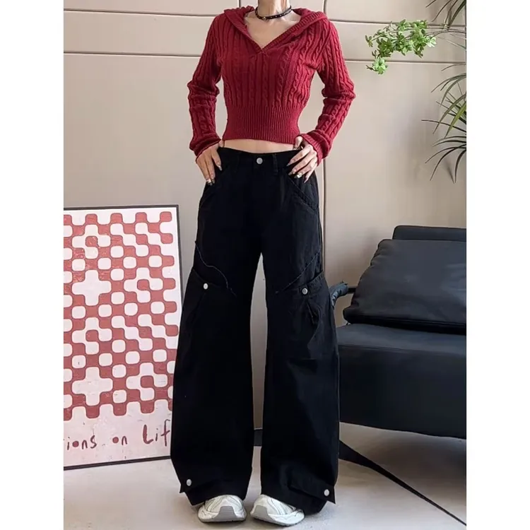 加绒美式大口袋设计弯刀阔腿cleanfit宽松工装裤-K3862