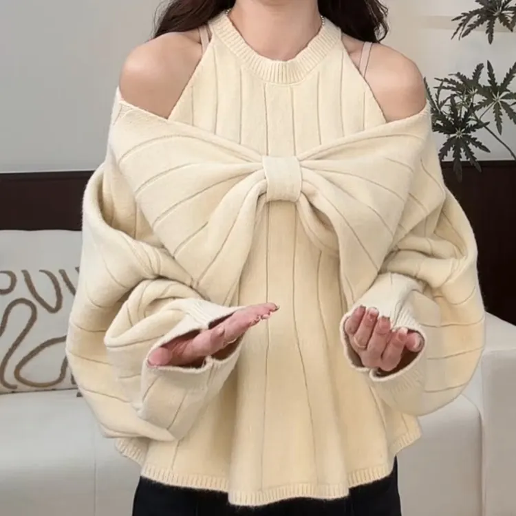 新款法式细闪鱼尾摆背心女搭蝴蝶结设计感毛衣两件套LK2508613