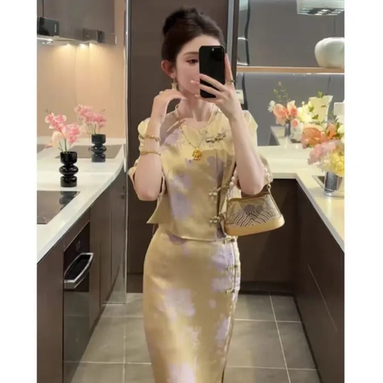 新中式国风套装女盘扣中袖上衣开叉半身裙高端女装两件套夏季新款