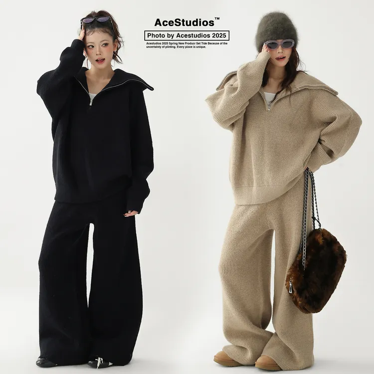 AceStudios慵懒风华夫格针织衫海军领半拉链毛衣外套+阔腿裤套装