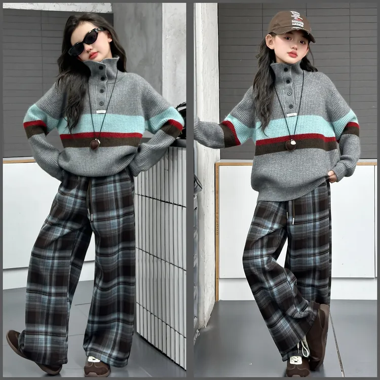 女童秋冬加厚毛衣2025新款女孩6-12岁潮酷针织洋气毛衣时髦格子裤