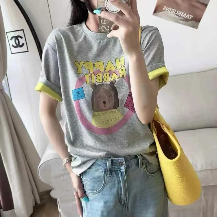 2025春夏新款韩系可爱小熊印花上衣彩色字母舒适甜美可爱风格衣服