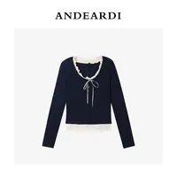 ANDEARDI拼接木耳边短款T恤长袖秋季假两件设计感纯欲风
