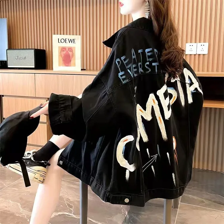 嘻哈减龄印花显瘦牛仔外套女2025年新款春秋百搭休闲长袖上衣