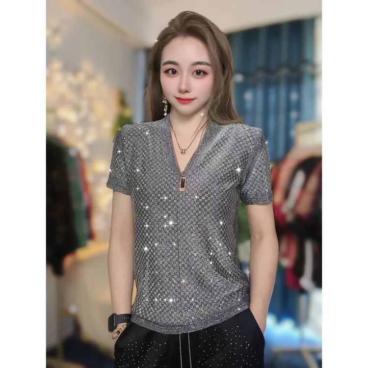 【夏季新款】满天星V领欧货重工时尚性感烫钻短袖T恤T2410