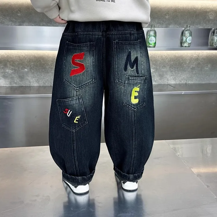 男童加绒牛仔裤秋冬2025新款儿童一体绒加厚裤子男孩秋季休闲长裤