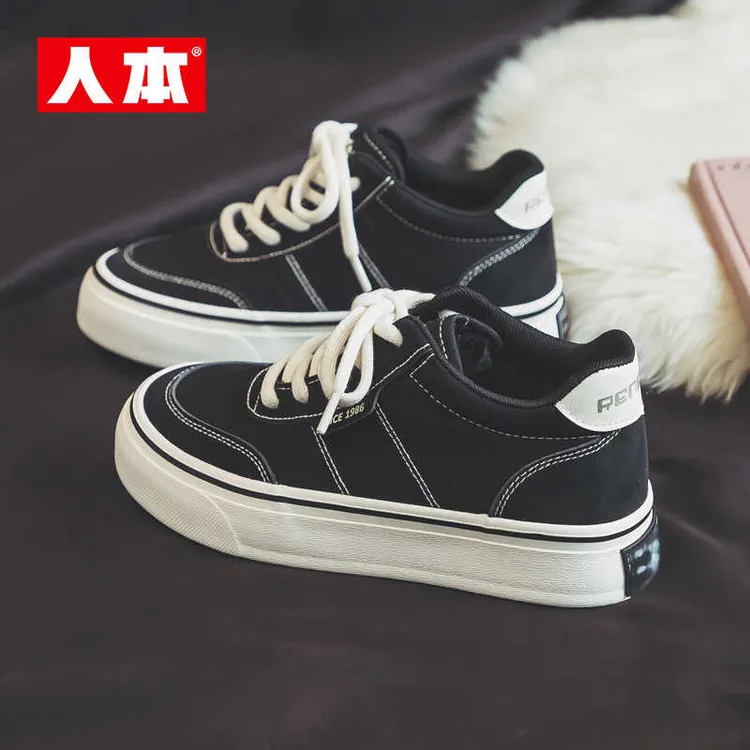 人本冬季加绒男女同款2025新款百搭厚底板鞋休闲保暖高帮棉鞋