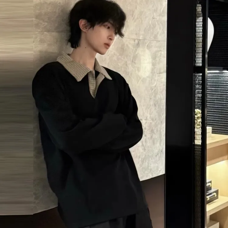 cleanfit千鸟格翻领polo衫男秋季美式高街正肩长袖T恤假两件卫衣