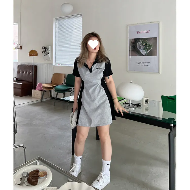 斜肩大码胖夏季撞色收腰显瘦领短裙减龄气质修身设计感连衣裙女