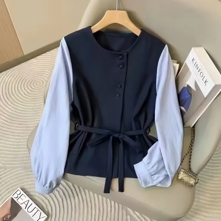 【运补】法式小资清爽通勤穿搭上衣轻奢高级感独特蓝色拼接衬衫女秋