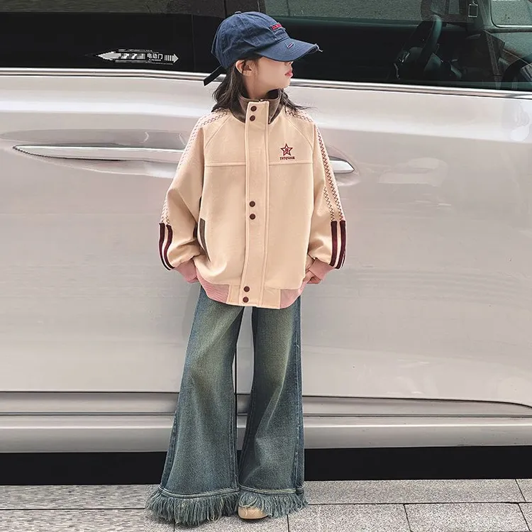 女童美式复古外套2025春秋新款独特宽松拼接设计感立领夹克棒球服