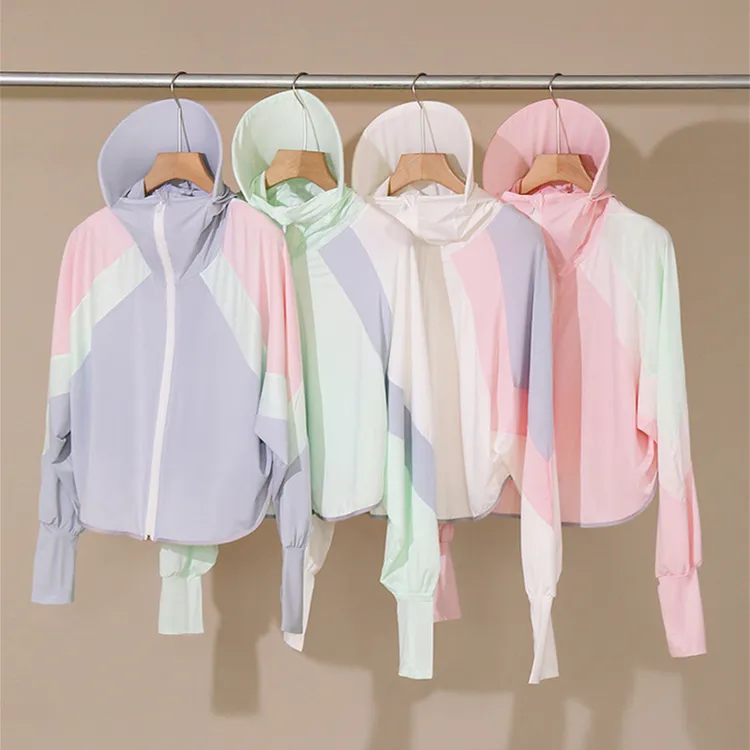 夏季防晒衣女UPF50+帽檐冰丝防晒衣女防紫外线拼接撞色钓鱼防晒衫