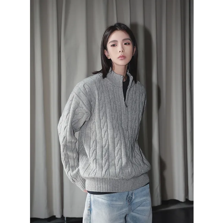 美式复古松弛感老钱麻花纹半拉链毛衣百搭休闲纯色半高领针织衫