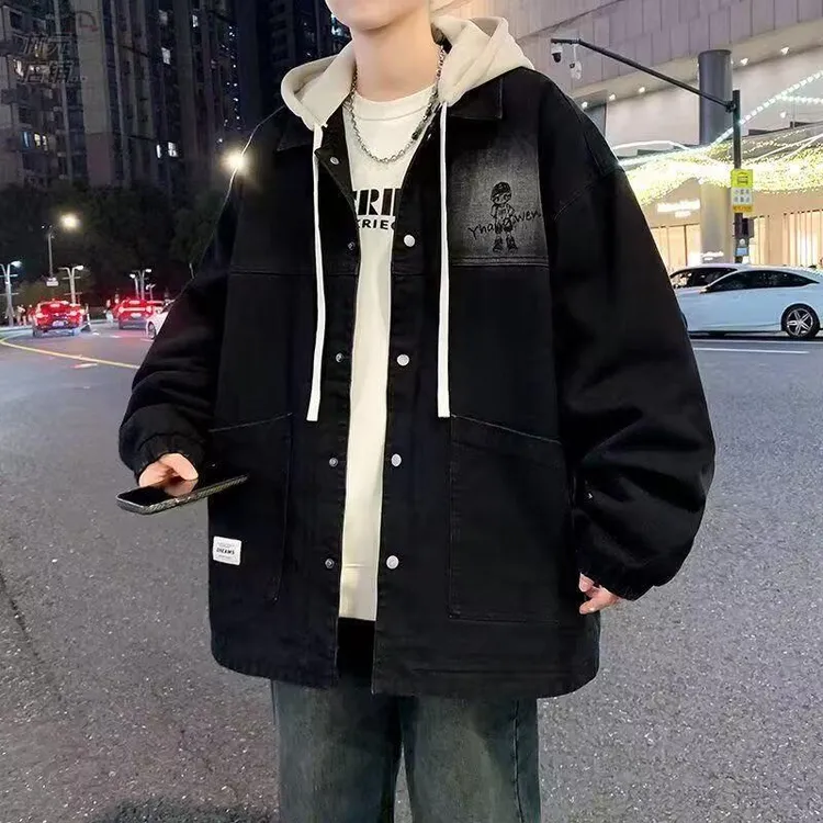 春秋新款连帽牛仔外套宽松学生休闲潮牌青少年帅气潮流夹克