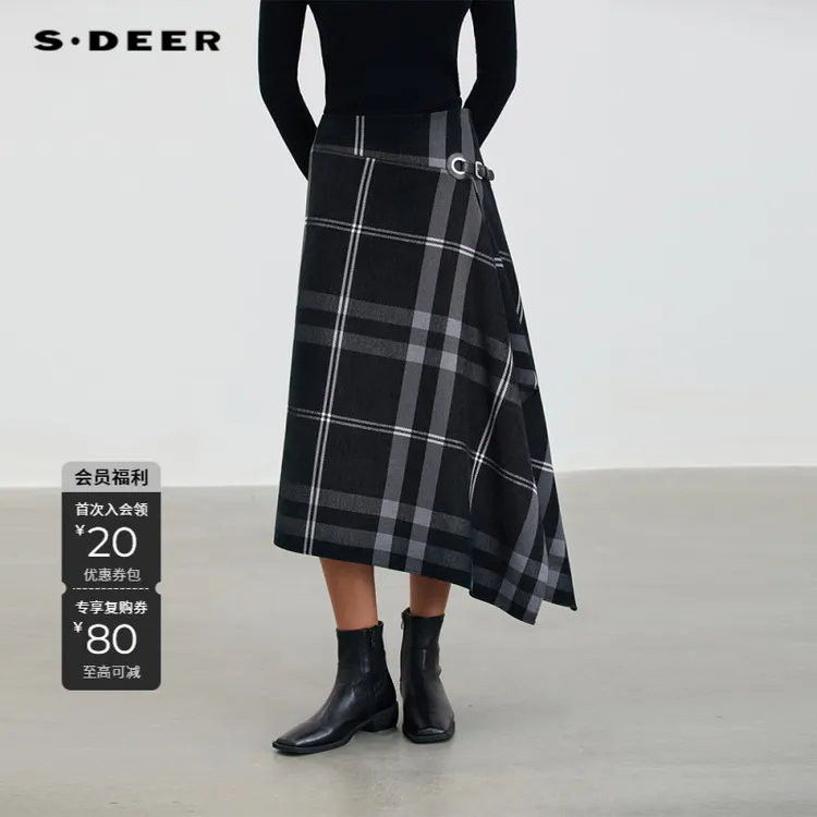 S·DEER圣迪奥秋冬季复古格纹松弛感职场百搭半身裙女S234Z1116