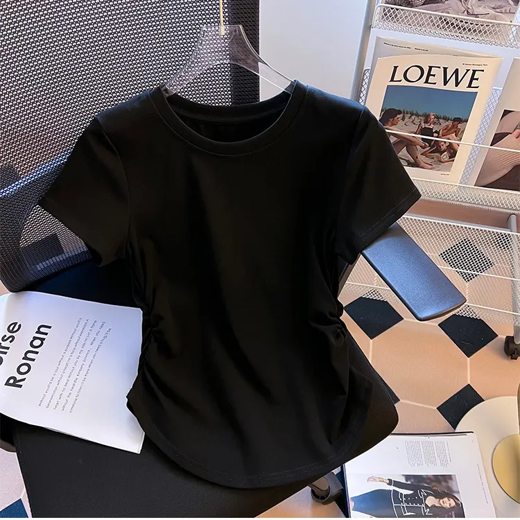 短袖T恤女夏季款设计感小众褶皱收腰上衣不规则弧形下摆体恤