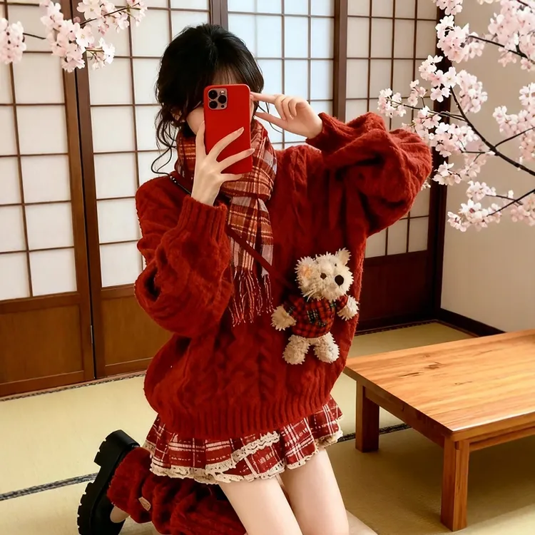 冬季女童红色套装2026新款初中生洋气加厚毛衣大童女孩本命年穿搭