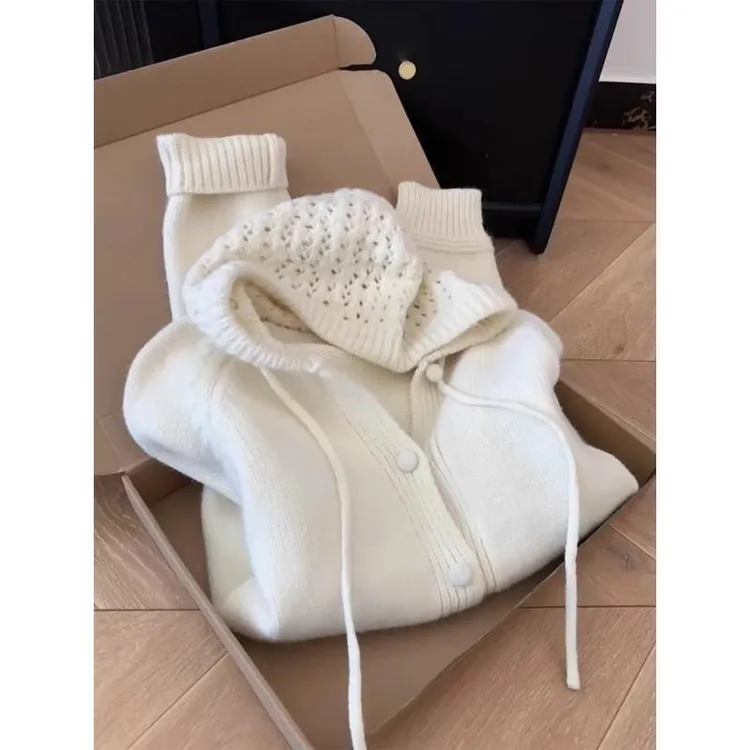 韩系复古抽绳连帽毛衣外套女秋冬宽松软糯慵懒高级感针织开衫上衣