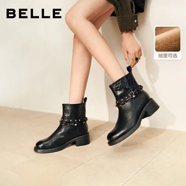 百丽民族风串珠时装靴女2025冬新商场同款真皮厚底短靴F2L1DDD5