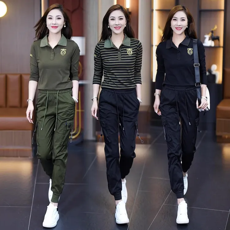 迷彩服套装女夏季黑色短袖T恤工装束脚长裤显瘦休闲户外两件套潮