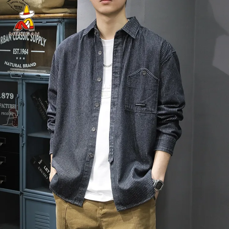 Mexican/稻草人秋季复古条纹牛仔衬衫男士宽松纯棉长袖衬衣外套潮