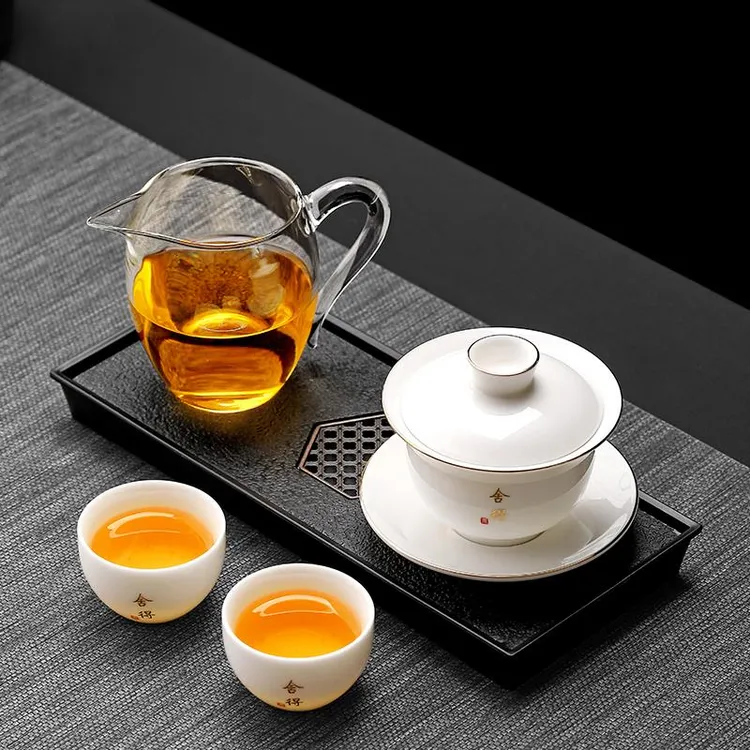 FAVMARTHA羊脂玉瓷三才盖碗三件高档简约中式功夫茶具套装泡茶碗