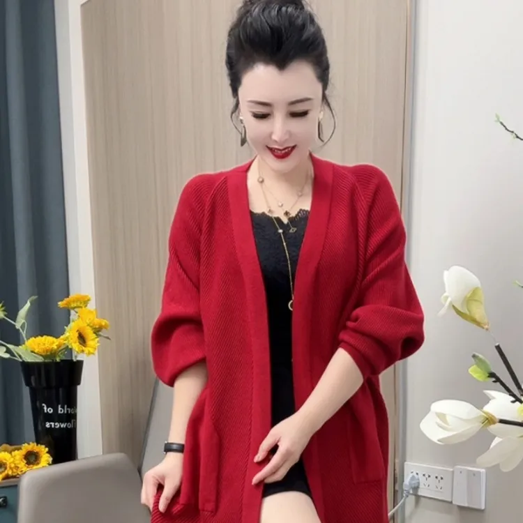 针织开衫中长款V领长袖针织外搭休闲风宽松纯色大码黑色针织衫