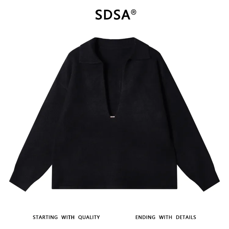SDSA男士秋冬新款痞帅男装时尚深V翻领针织衫轻奢慵懒风百搭毛衣