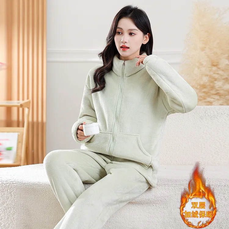【双层加厚】睡衣女士秋冬季拉链款加绒羊羔绒可外穿家居服套装