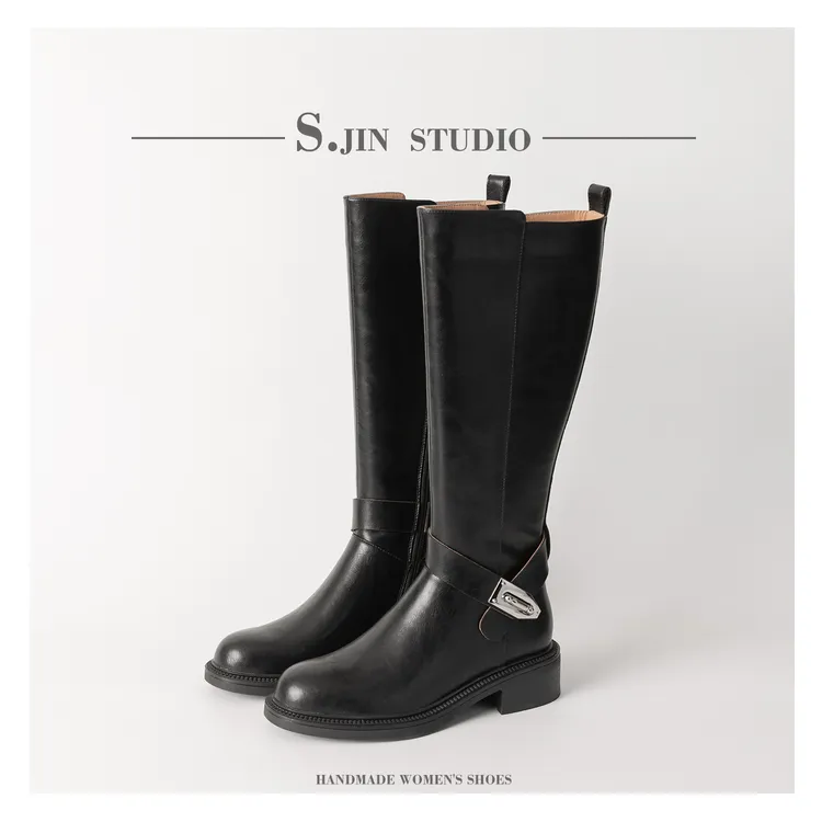 三金【黑糖威士忌】4CM 锁扣圆头高筒骑士靴粗跟不过膝简约百搭长靴