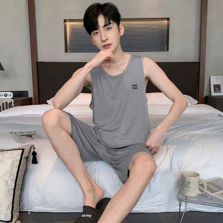 猫人2025新款宽松男士家居服套装 无袖短裤冰丝凉感夏季舒适服装