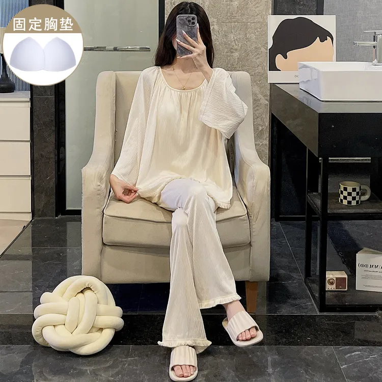 杏色带胸垫睡衣女春秋季宽松长袖休闲纯色韩系ins学生家居服套装