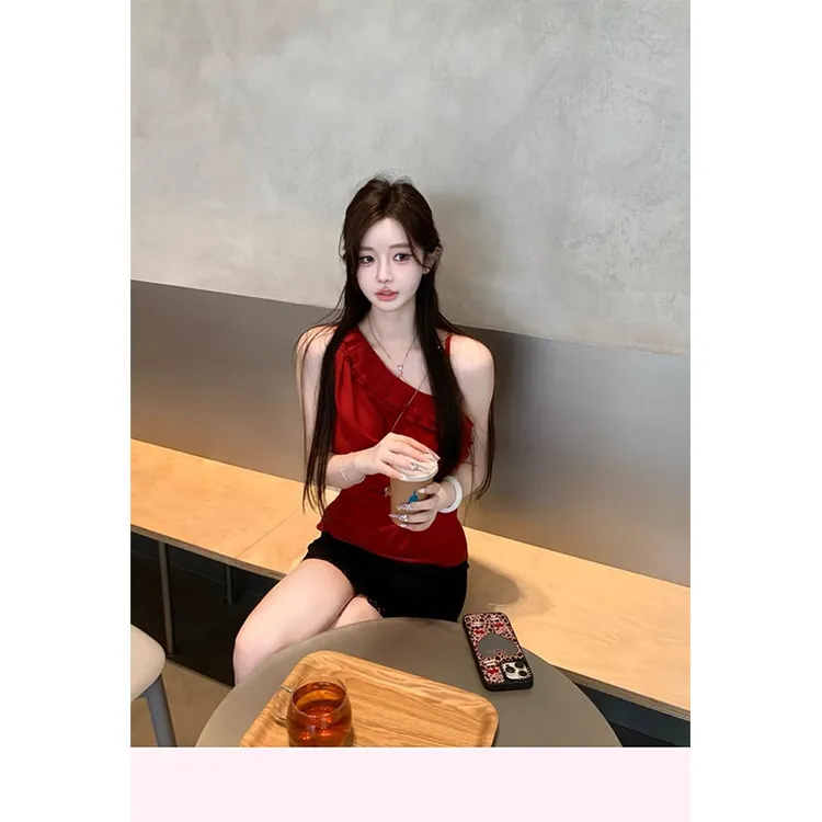 夏季新款修身显瘦简约设计感斜肩上衣气质时尚收腰A字半身短裙女