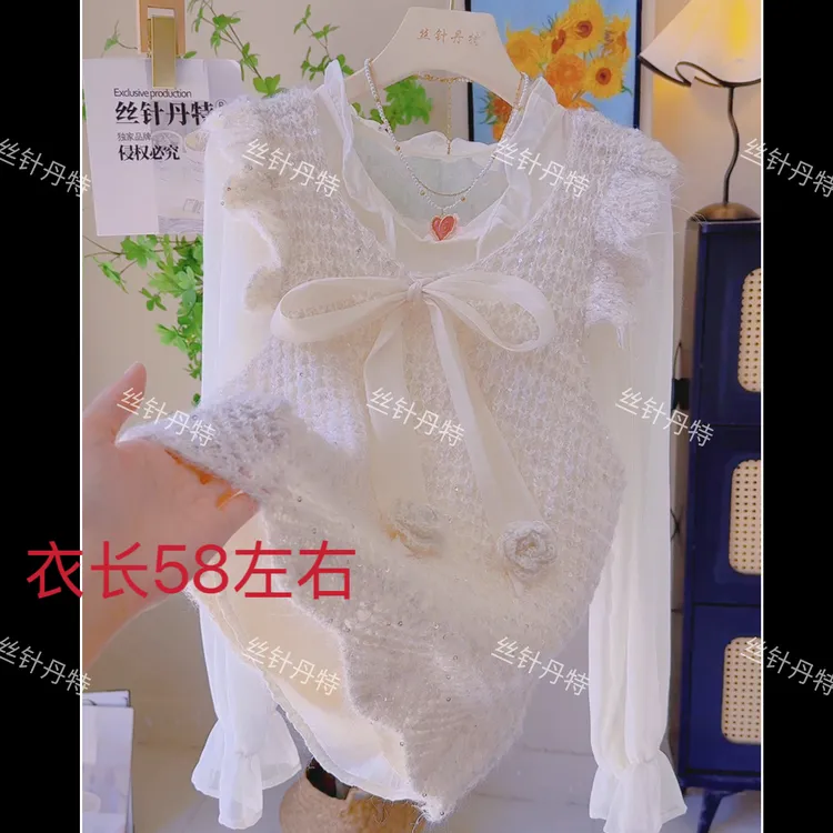 三-甜美风镂空针织白色马甲+衬衫女秋季洋气百搭显瘦无袖上衣女款