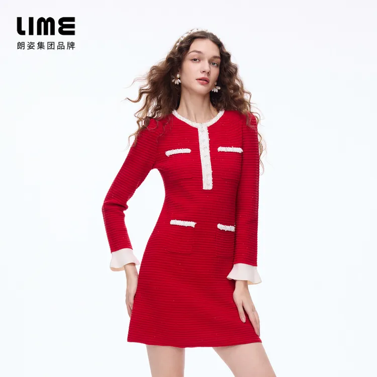 莱茵朗姿春季气质珠饰华夫格针织连衣裙中国红色LDHANBKOP901