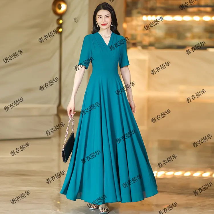 香衣丽华28D-孔雀蓝夏季短袖V领纯色大摆长款连衣裙修身显瘦长裙