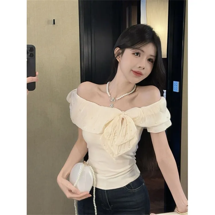 夏季纯欲风一字领拼钉珠堆堆袖收腰上衣甜美荷叶边套头短款T恤女