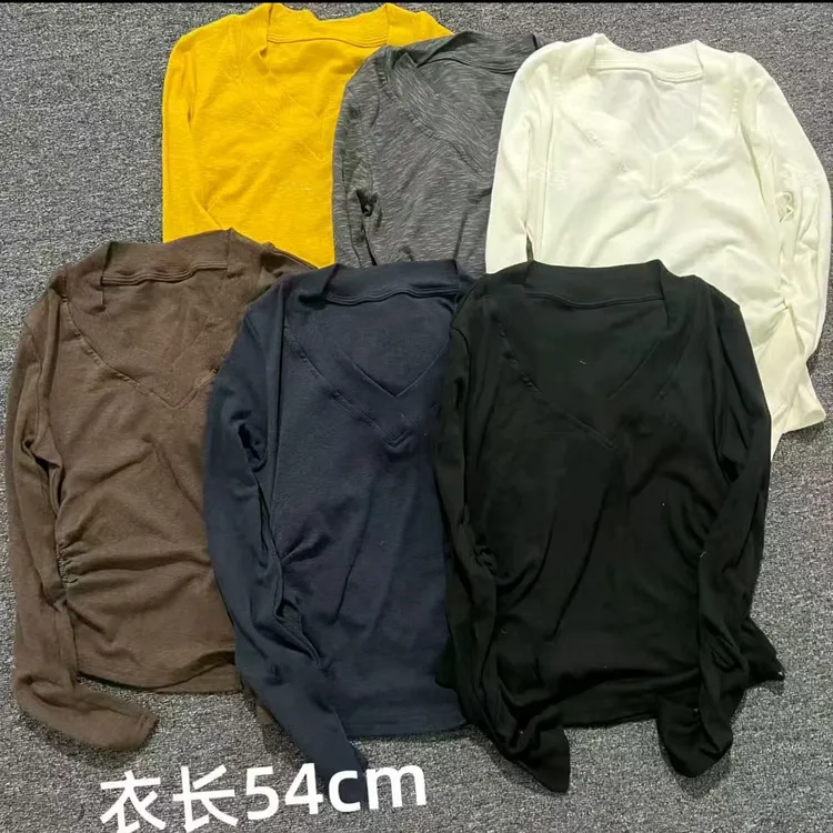 欧货早秋设计感V领掐腰长袖纯色显瘦T恤打底衫