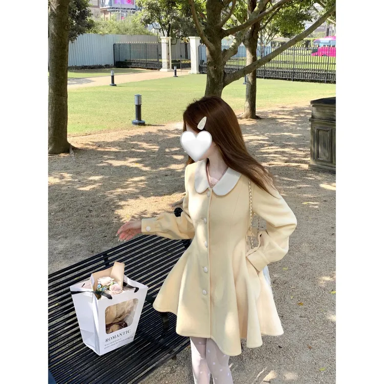 【小书only1】法式千金奶黄色毛呢外套收腰裙秋冬季小香风连衣裙