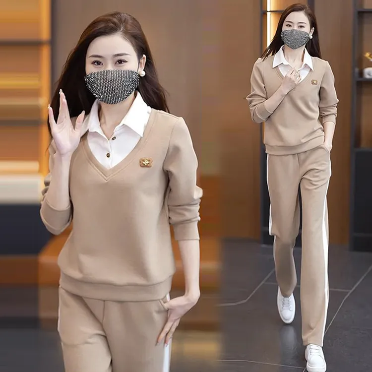 高含棉休闲运动服套装女2025年春秋新款减龄显瘦卫衣直筒裤两件套